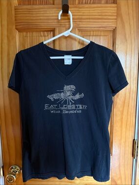 Black V-Neck Women’s Tee with Embellished Logo